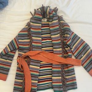 Striped Multicolor Fringed Knit Cardigan with Orange Belt